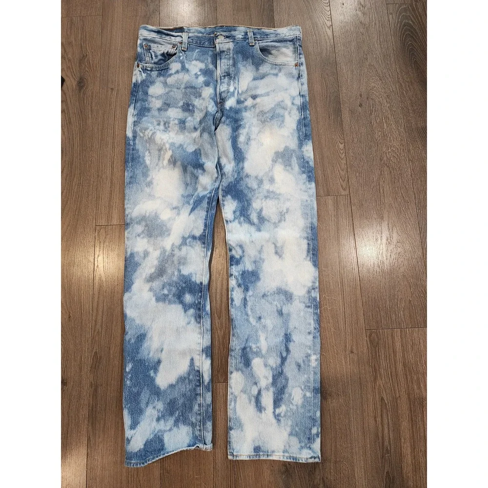 Levis 501 93 Straight Leg Jeans Men's 34x32 Blue White Acid Wash Tie Dye Denim